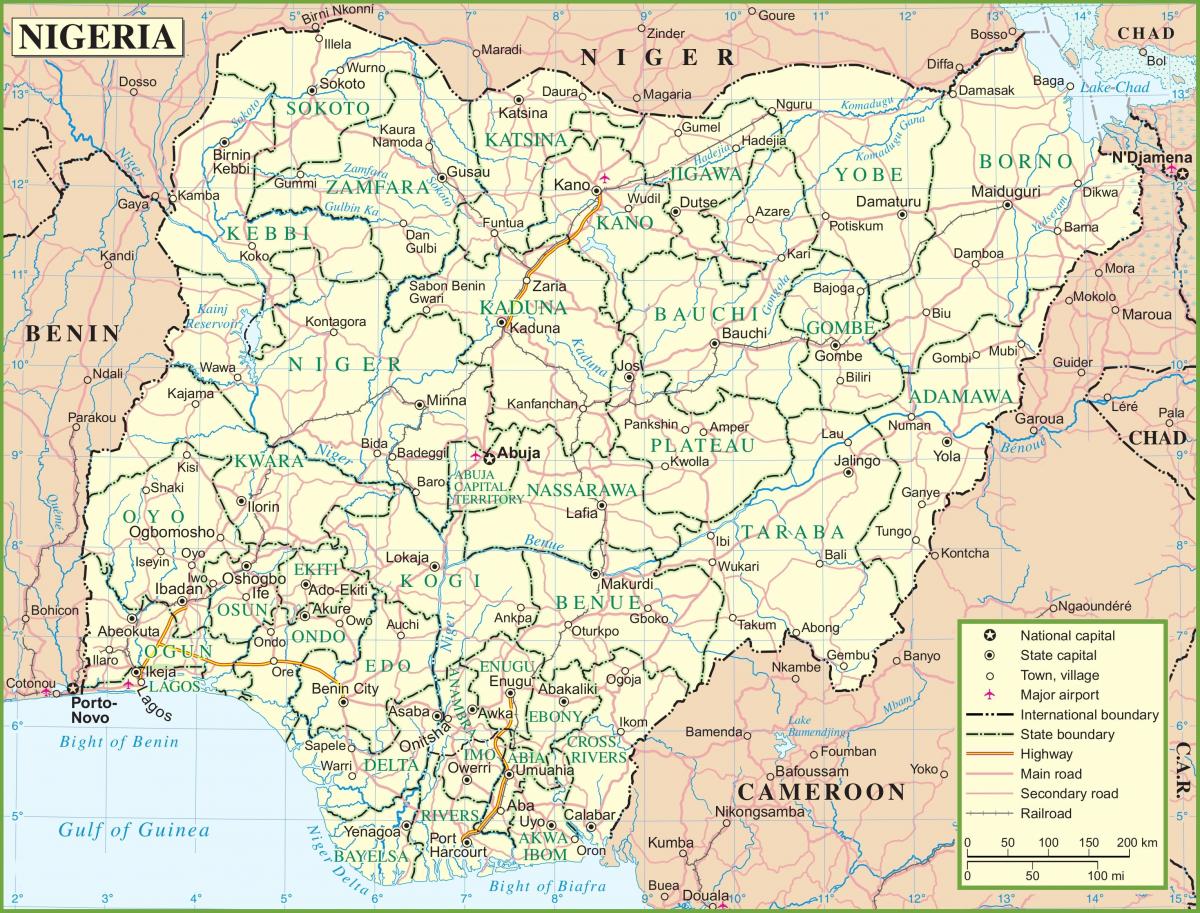 карта Нігерыі з указаннем асноўных дарог