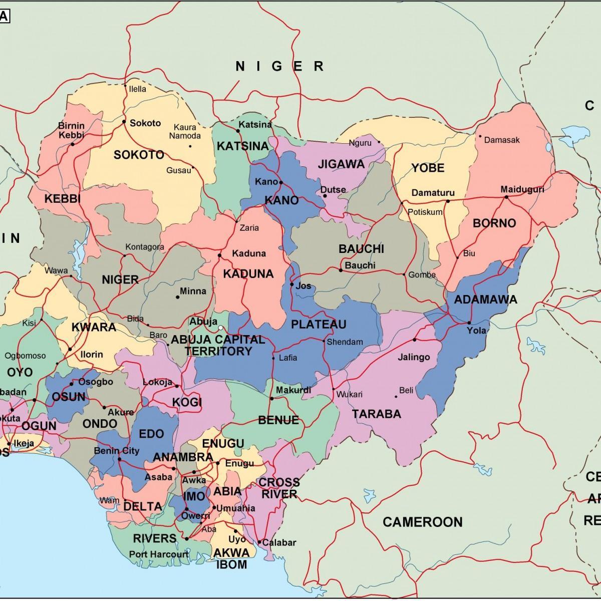 Карта Нігерыі з дзяржавамі і гарадамі