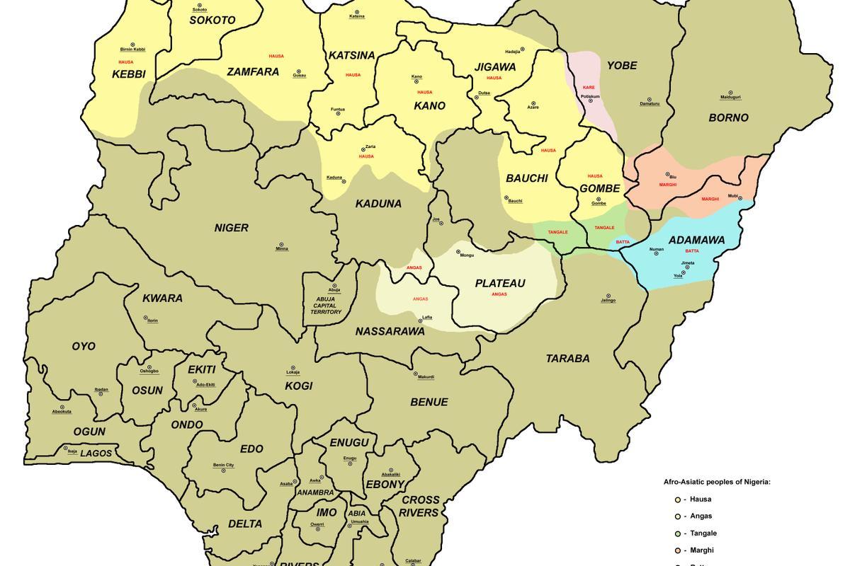 карта Нігерыі з 36 дзяржавамі