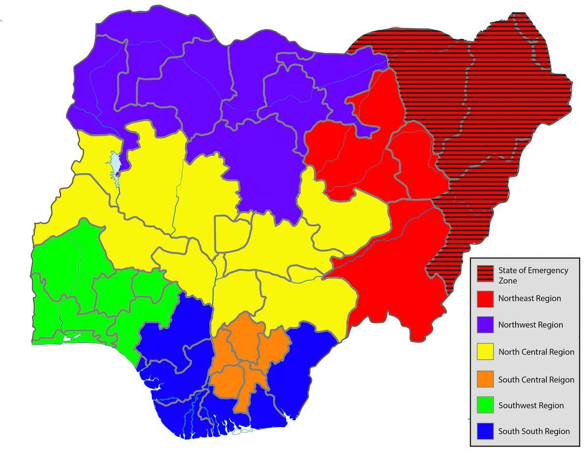 карта Нігерыі з указаннем усіх дзяржаў