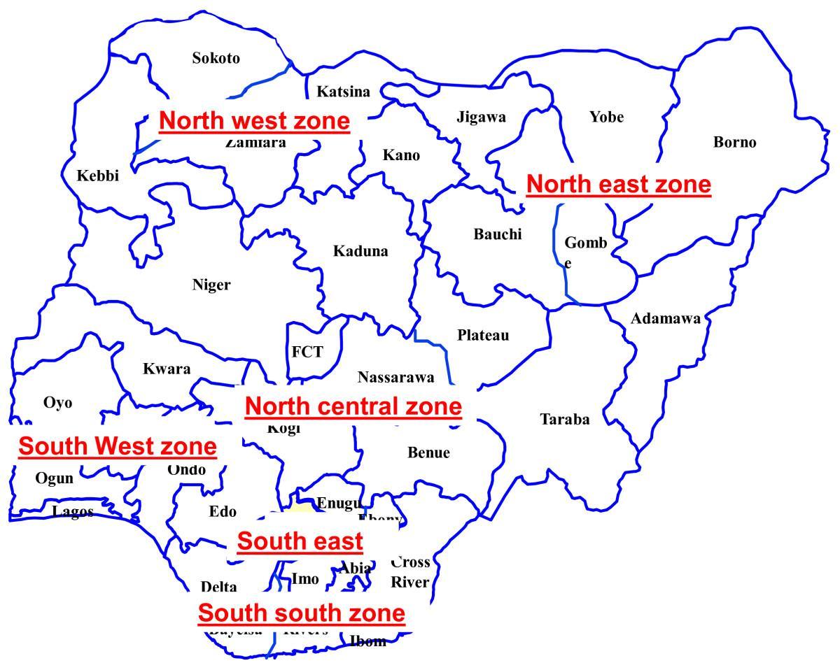 карта Нігерыі з указаннем шасці геапалітычных зон