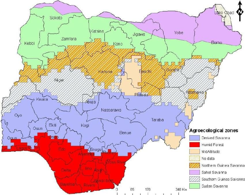 Карта Нігерыі з указаннем экалагічных зон