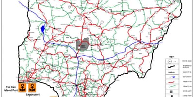 Карта Нігерыі з указаннем дарожнай сеткі