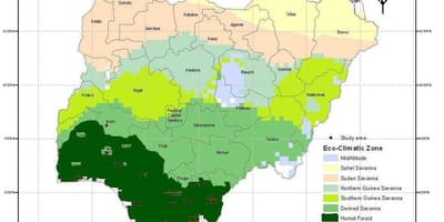 Карта Нігерыі з указаннем кліматычнай зоны
