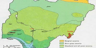 Карта Нігерыі з указаннем расліннасці