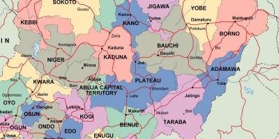 Карта Нігерыі з дзяржавамі і гарадамі