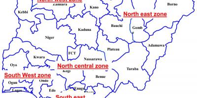 Карта Нігерыі з указаннем шасці геапалітычных зон